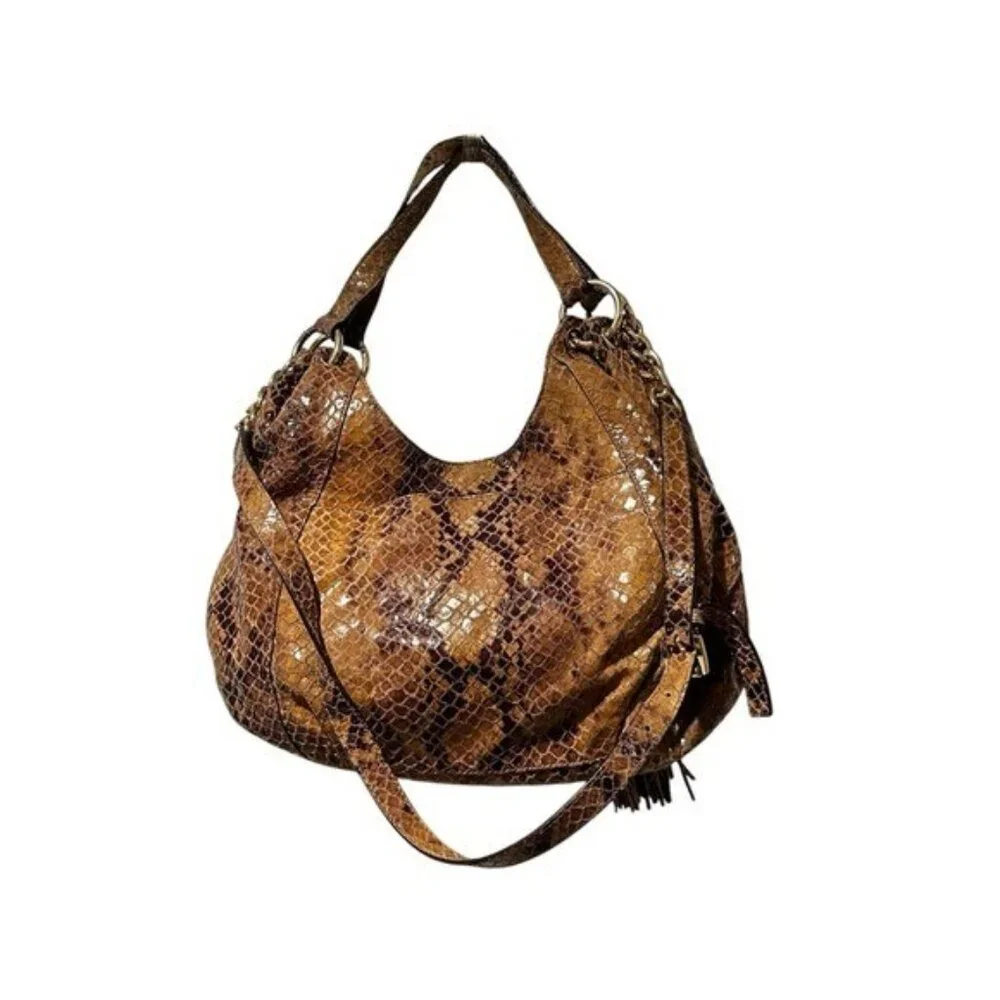 Michael Kors Hobo Purse Handbag Leather Snake Print Brown Y2K Tassle Crossbody